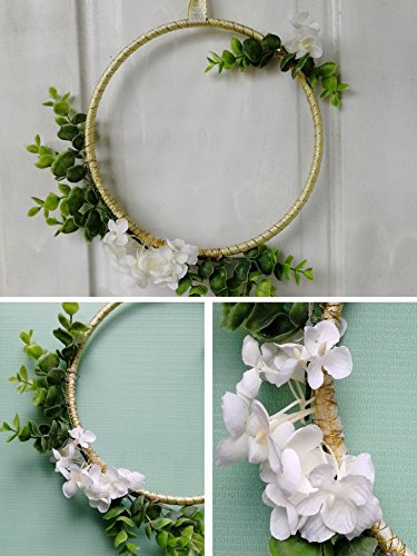 RISEON Handmade Set of 3 Gold Flower Wreaths,Boho Dream Catcher,Rustic Wedding Backdrop, Artificial Plant Vine Greenery Flower Garland, Window Wall Hanging Nursery Decor, Floral Hoop Ornament Gift