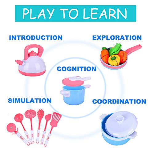 Auney Kids Kitchen Pretend Play Accessories Toys, Cooking Set, Pots and Pans, Cookware Playset, Healthy Cutting Vegetables, Knife, Utensils, Learning Gift for 2, 3, 4 Years Old Girls, Boys, Toddlers