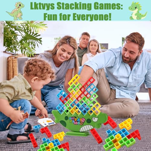 Lktvys 48PCS Dinosaur Stack Attack Balance Game – Portable Carry Box, Exciting Fun for Kids Ages 3-8 & Adults, Perfect for Family Bonding and Challenging Team Play