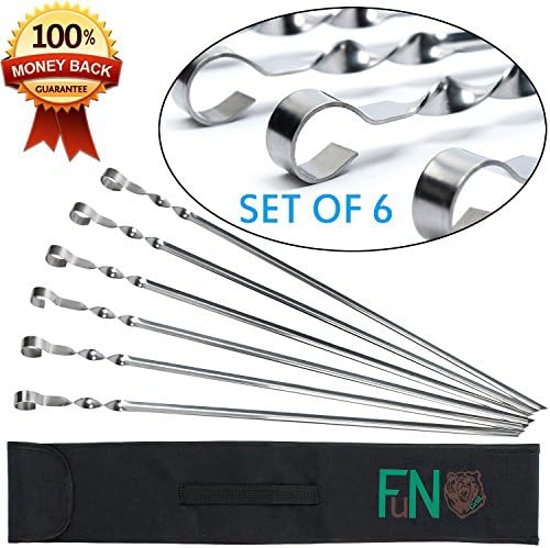 FuN Grill BBQ Skewers Stainless Steel Long 17" (6-Piece) with Bonus E-BOOK, Kebob Skewers Set, Reusable Flat Barbecue Sticks – Ideal for Shrimp, Hibachi, Shish Kebab – Non-Slip Ring Handle