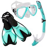 Diving Gear - Snorkel Mask & Fins Set - Includes Double Lens Snorkel Mask; Snorkel w/Dry Top, Lower Purge Valve & Flexible Mouthpiece; & Adjustable Speed Fins
