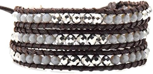Silver and Grey Crystal Wrap Bracelet Handmade Woven Dark Brown Multilayer 4mm Faceted Beads