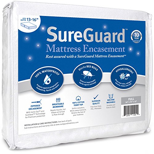 Full (13-16 in. Deep) SureGuard Mattress Encasement - 100% Waterproof, Bed Bug Proof, Hypoallergenic - Premium Zippered Six-Sided Cover - 10 Year Warranty