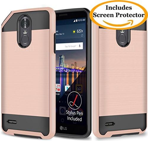 LG Stylo 3 Case, LG Stylo 3 Plus Case, LG Stylus 3 Case, JATEM Minimalistic Hybrid Dual Layer [Slim Fit] Smooth Hard Cover with TPU Skin Case + HD Screen Protector and Stylus Pen (RoseGold/Black)