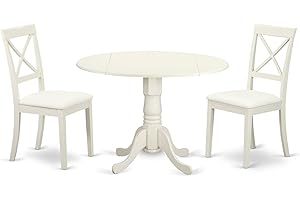 East West Furniture DLBO3-LWH-LC 3 Piece Modern Dining Table Set Contains a Round Wooden Table with Dropleaf and 2 Faux Leather Kitchen Dining Chairs, 42x42 Inch, Linen White