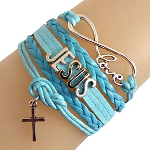 Jesus Infinity Leather Charm Bracelet. JESUS Bracelet for Christian Religion (Blue)