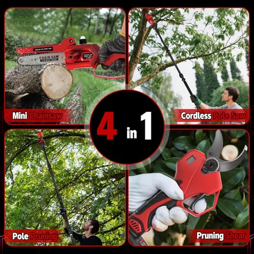 6 Inch Cordless Chainsaw Telescopic & 55 mm Cordless Pruning Scissors, 4-in-1 Chainsaw Kit and Scissors with 2 x 2000 mAh Batteries, Maximum Range of Up to 4.5 m