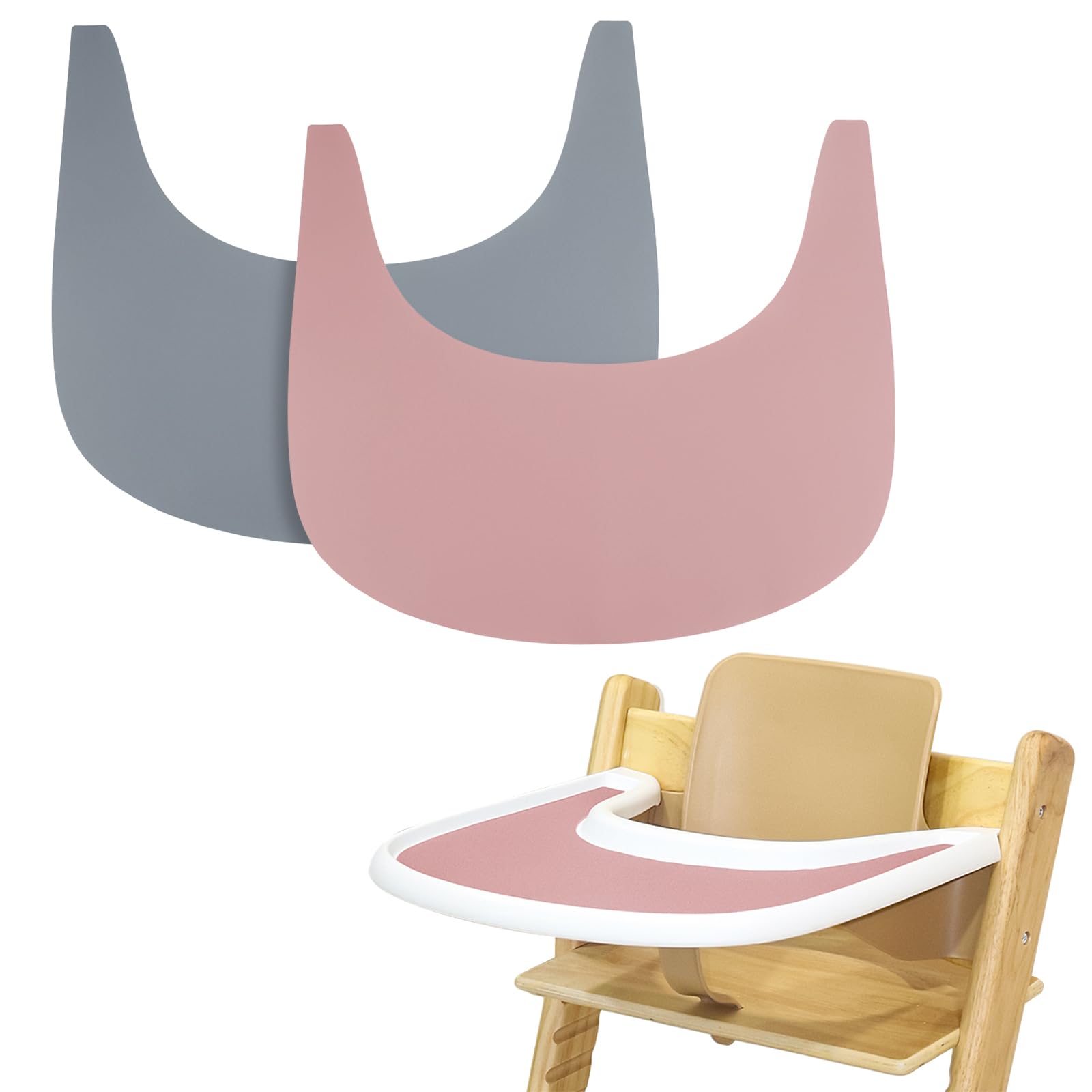 High Chair Placemat, 2 Pieces Durable High Chair Placemat Silicone, for Tripp Trapp High Chair Accessories, Suitable for StokPG-01ke Tripp Trapp High Chair Tray (Grey/Pink)