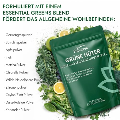 Green Detoxification Powder, 200 g Green Powder Helper, Superfood Powder Helper Plant Powder with Matcha, Barley Grass, Spirulina & Blueberries, Rich in Macronutrients, Micronutrients & Fibre, Vegan