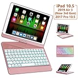 iPad Pro 10.5 Case with Keyboard 2017/ iPad Air 3rd Gen Case with Keyboard 10.5 2019, 360 Rotate 7 Color Backlit Wireless Folio Keyboard Case Cover, Auto Wake Sleep/Silent Typing, Rose Gold