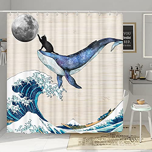 Funny Cat Shower Curtain, Cute Black Cat Riding Whale with Moon Upon Great Ocean Wave on Rustic