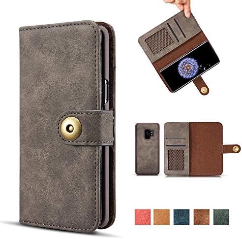 Galaxy S9 Case, Vintage 2 in 1 [Magnetic Detachable] Flip Folio Wallet PU Leather Cases Removable Retro [4 Card Slots] Protective Bag Cover with Card Holder for Samsung Galaxy S9 - Gray