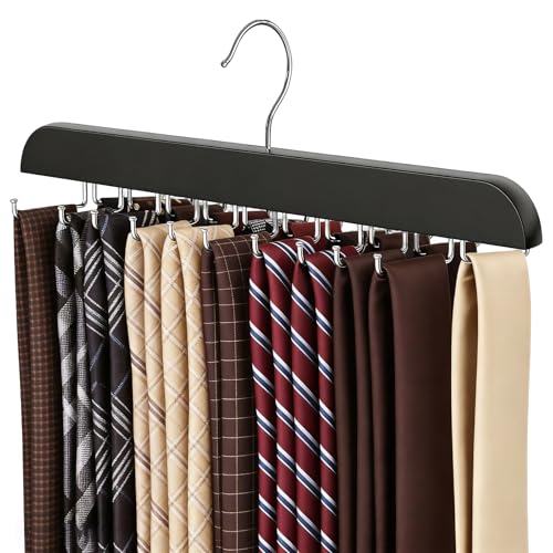 Houlishu Tie Rack Hanger with 20 Foldable Metal Hooks, Space Saving Necktie Organizer for Men, Large Capacity, Wooden, Black at Amazon