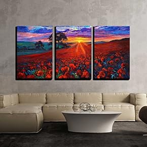 3 Piece Canvas Wall Art - Painting of Opium Poppy Field in Front of Beautiful Sunset on Canvas - Modern Home Art Stretched and Framed Ready to Hang - 16"x24"x3 Panels