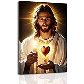 BJYCHG Sacred Heart of Jesus Pictures Catholic Wall Art Christian Canvas Paintings God Divine Mercy Poster Prints Sacred Heart Christ Artwork Home Decor Frame (18L x 12W)