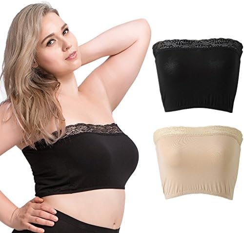 CaiMai Women's Tube Top Bra Plus Size Lace Strapless Bandeau with Black and Beige 2XL Pack of 2
