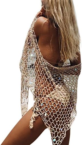 BeadChica Women Crochet Beach Cover up Fishnet Sarong Wrap with Shells Pailletes