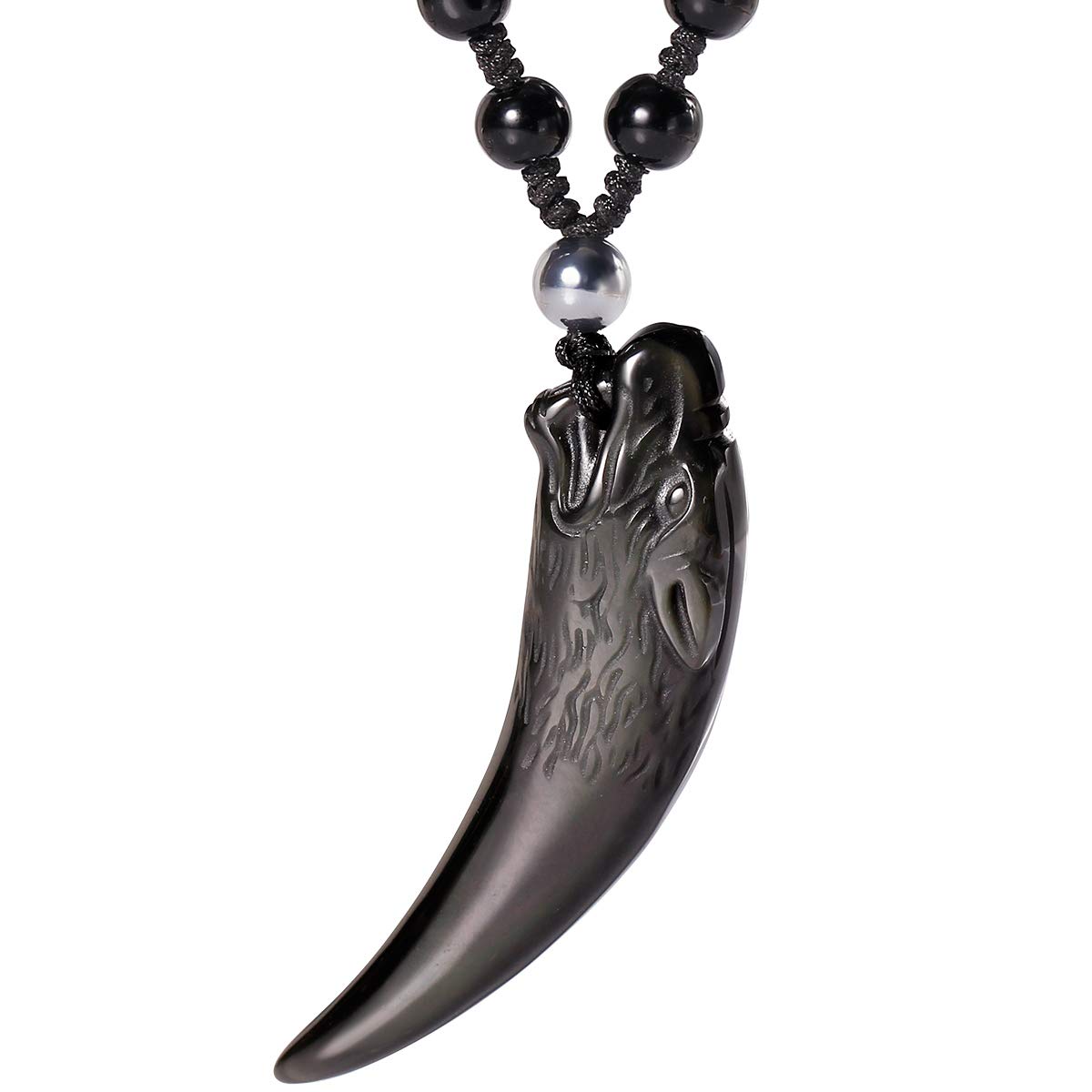 Jewboo Black Obsidian Wolf Tooth Necklace Natural Stone Healing Crystal Pendant with Extend Bead Chain Unisex