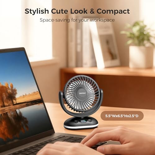 TriPole 4000 mAh Table Fan Battery, 31H Running Time, Mini Fan with LED Display, 4 Levels USB Fan Quiet, Small Portable, Adjustable for Office, Bedroom, Camping, Black