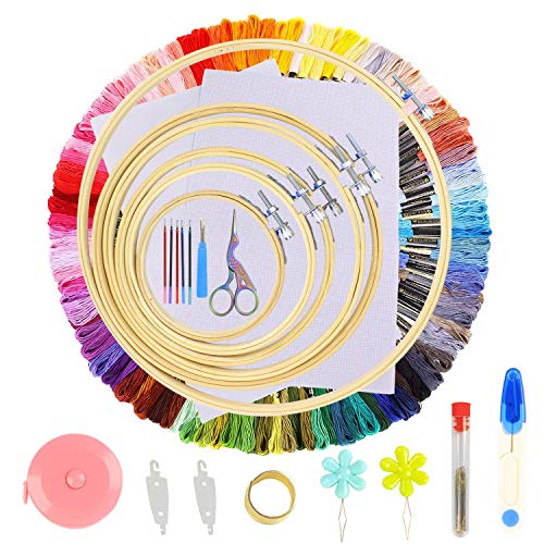Embroidery Starter Kit Bamboo Embroidery Hoops Set Cross Stitch Hoop Ring Imitated Sewing Scissors 100 Color Embroidery Threads Floss 2 Pieces Aida Cloth Cross Stitch Tools Kit for Sewing