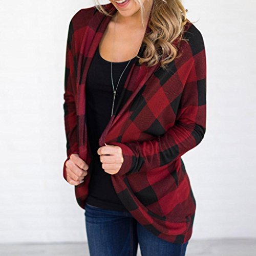 Tsmile Womens Cardigan Coat Clearance Autumn Long Jackets Irregular Lattice Print Ladies Outwear (Red, M)