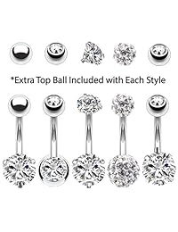 BodyJ4You Juego de 5 anillos de ombligo de acero inoxidable CZ 14 G para mujer, 5 bolas de repuesto