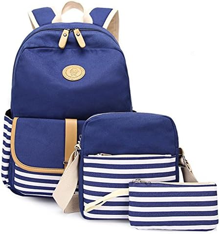 LLygezze Lightweight Canvas School Backpack Set Laptop Bag Daypack for Boys and Girls, Backpack + Shoulder Bag + Purse (Blue)
