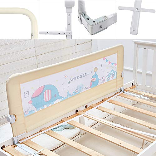 KOOLDOO 59 inch Foldable Baby Bed Rail Guard Extra Long Safety Toddler Bedrail with Reinforced Anchor Safety System - Animal Park Theme (Beige Color)