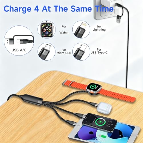4 in 2 Multiple Charging Cable with Apple Watch Charger, 60W Fast Charging 1.2M Nylon Braided Compatible with iWatch Ultra/SE/11/10/9/8/7/6, for iPhone 17 16 15 14 Pro MAX/Pro/Air and Samsung Series
