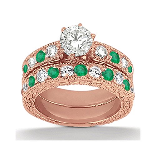 Heirloom Diamond and Emerald Engagement Ring and Wedding Band Womens 14k Rose Gold (1.75ct) GH/VS