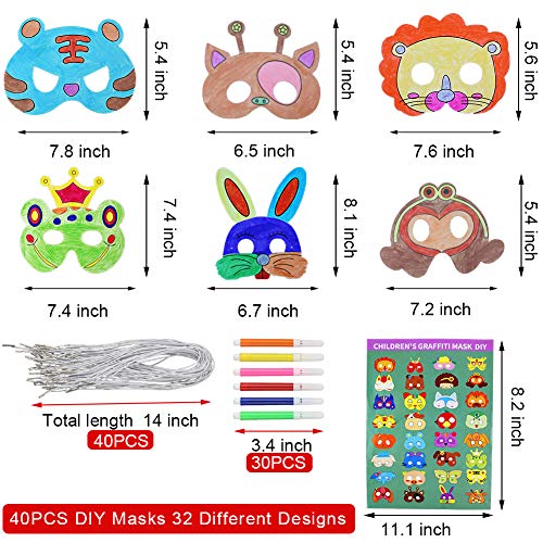 DIY animal masks, 40 Sets DIY Blank Graffiti Masks Jungle Paper Masks with Colored Pens and Elastic ropes for Kids Dress up Birthday Party Halloween Cosplay Hand Painting Art Crafts Favor
