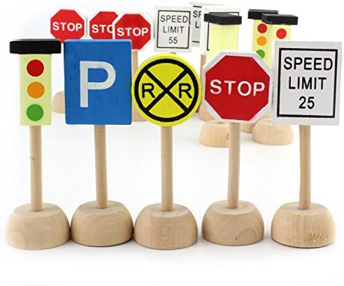 Kids Wooden Street Signs Playset, Wood Traffic Signs Perfect For Car & Train Set