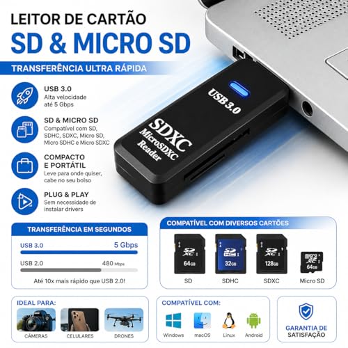 Leitor de Cartão SD e MicroSD USB 3.0 5Gbps Alta Velocidade, Compatível com SDXC SDHC TF, Adaptador Cartão de Memória para Notebook, PC, Windows 11/10, MacOS e Linux, Plug & Play
