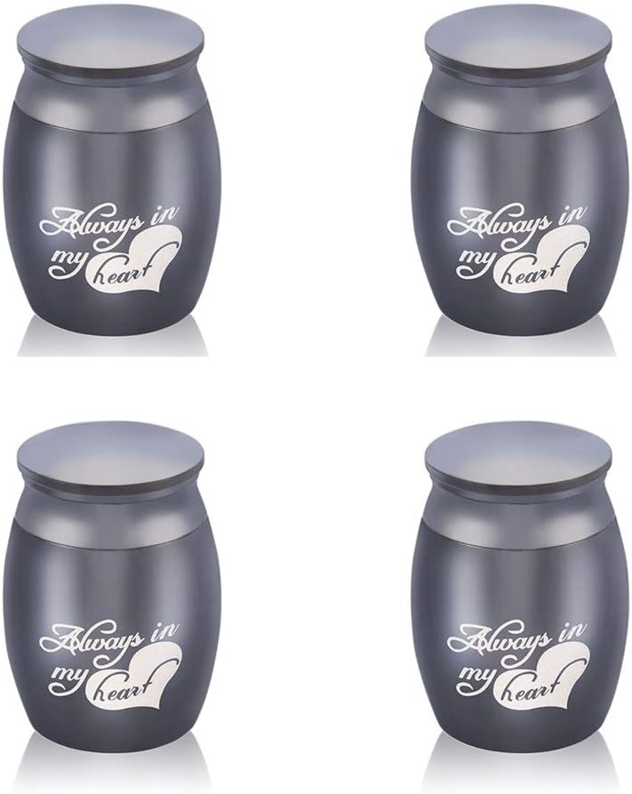 Custom Engraved Mini Cremation Urns for Human Ashes Set of 4 - Always in My Heart Mini Keepsake Urn - with Funnel Kit - Miniature Memorial Funeral Urns for Sharing Ashes, 40mmx30mm