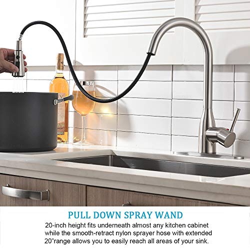 Ufaucet Modern Commercial Lead-free Solid Brass Single Lever Pause Botton Pull Out Sprayer Brushed Nickel Kitchen Faucet, Kitchen Sink Faucet With Deck Plate