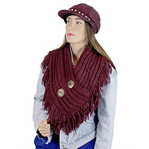 Cable Knit Button Collar Scarf with Fringe, Burgundy - Thumbnail 2