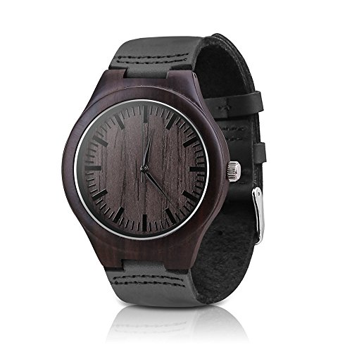 Mercimall Mens Black Wooden Watch with Leather Strap Original Grain Wood Watches