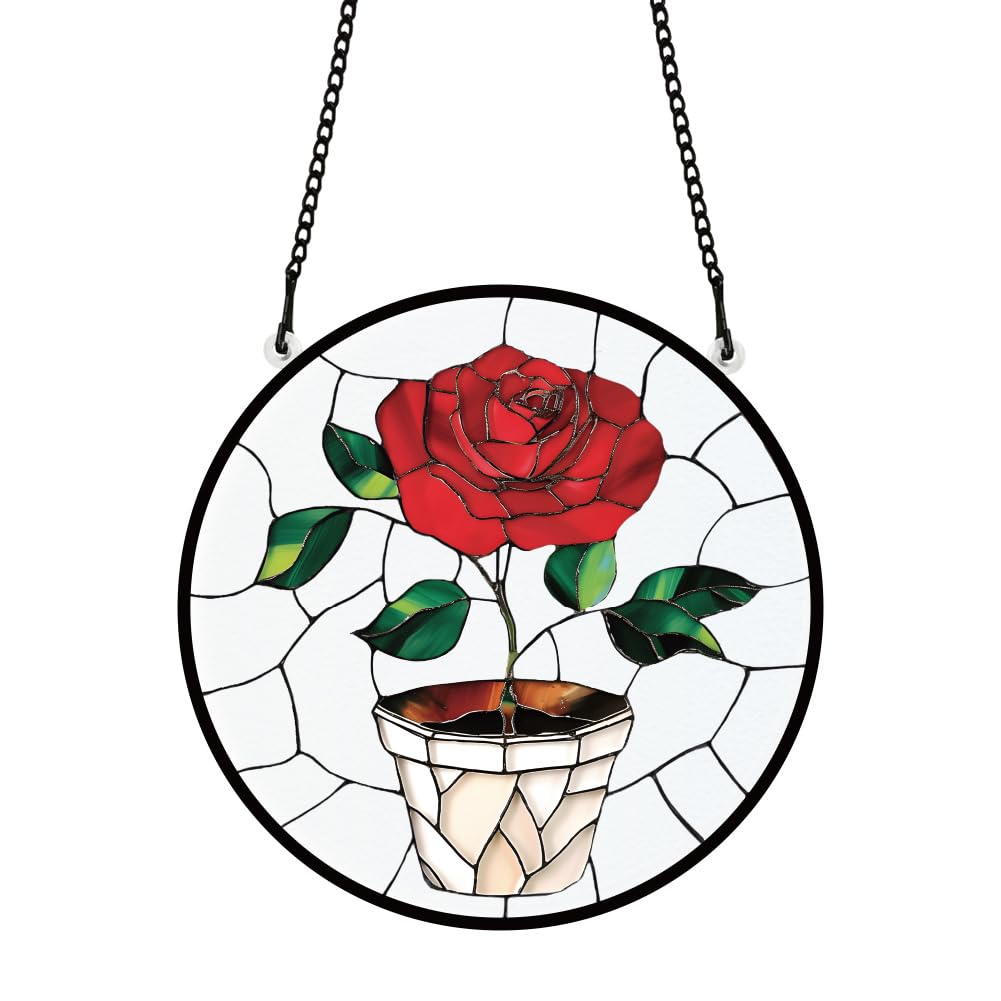 PLIGREAT Red Rose Stained Suncatcher Window Wall Art Hanging Ornament Painted Potted Floral Art Crafts Suncatcher for for Garden Home Indoor Outdoor Valentine's Day Hanging Decor Women Gift