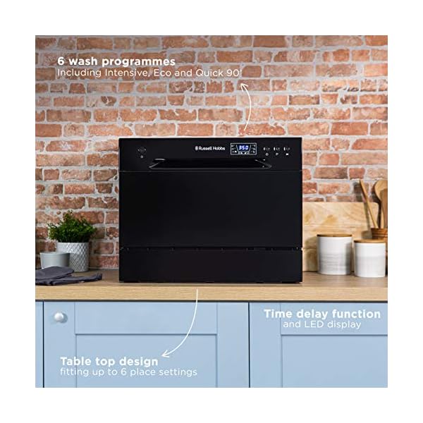 Russell-Hobbs-RHTTDW6B-Compact-Table-Top-Dishwasher-with-6-programmes-6-place-settings-Eco-mode-Quick-mode-Delay-Timer-Black Russell Hobbs RHTTDW6B Freestanding Compact Dishwasher, Eco mode, 6 place_settings, Black, Noise level: decibels 52