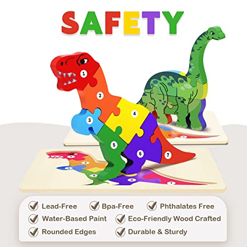 Wooden Puzzles for 2 Year Olds, Two Sided Dinosaur Puzzle for 3 Year