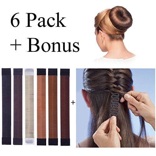 KroO Hair Donut Bun Maker Former Foam French Twist Clip DIY Modern Magic Shapers for Women, Teen Girls (6 PACK) + BONUS Fishtail Braid Tool