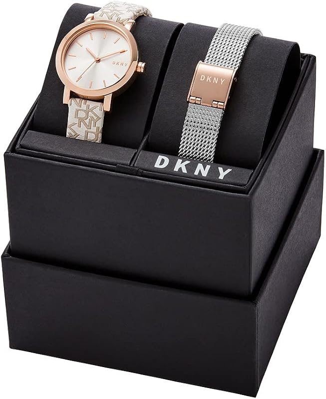 Reloj para mujer Soho, movimiento de tres manecillas, caja de acero rosa dorado de 28 mm con correa de acero, NY6605SET