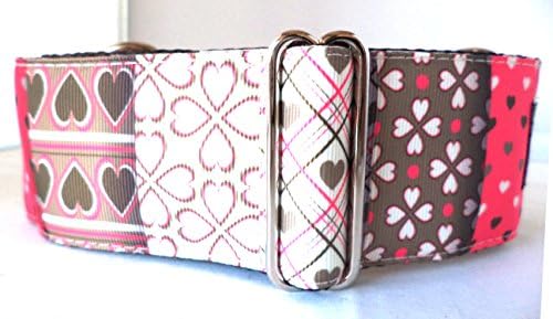 Regal Hound Designs 2 inch Wide Martingale Dog Collar, Lined, 2 Sizes, Pink and Brown Patchwork Hearts