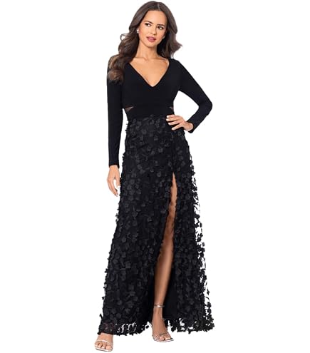 Xscape Women's Long Sleeve Evening Gown with Caviar Beaded Mesh Sleeves, Illusion Side Panels, Sheath Formal Dress, Black/Nude/Silver, 4 : Clothing, Shoes & Jewelry