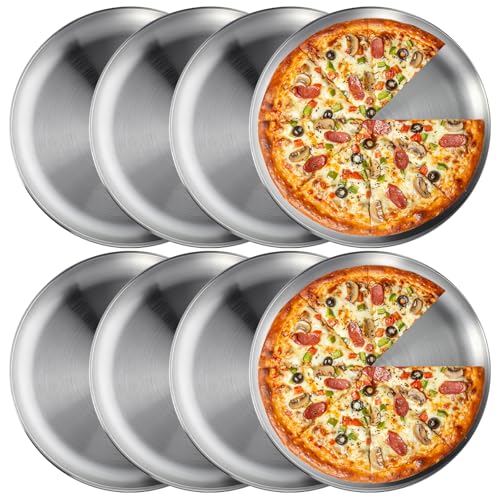 wutfuooo 8 Pieces 12 Inch Pizza Pans Bulk Stainless Steel Sets Round Bakeware Pizza Trays for Oven Kitchen Baking Home Restaurant Safe Sturdy Reusable Easy Clean