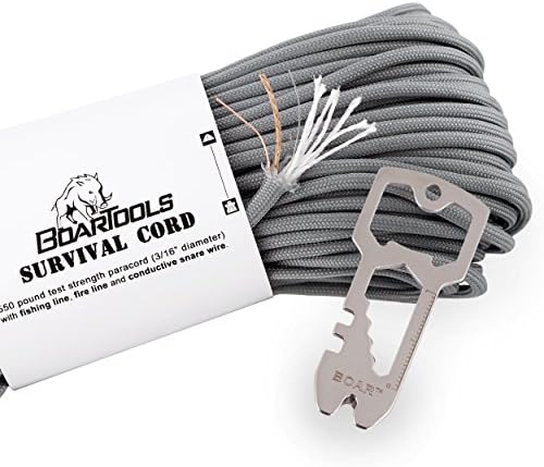 100' Survival Cord Paracord bundle by Boar Tools | FREE 13-in-1 KEYCHAIN TOOL included in bundle | Multi-use 550 mil spec paracord includes FISHING LINE, FIRE LINE and SNARE WIRE (Grey)