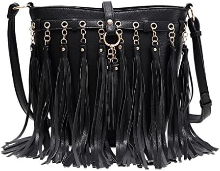 Women's Messenger Cross-Body with Elegant Chain &amp; Tassel Fringe Bucket Bag Women's Handbag Purse (Black)