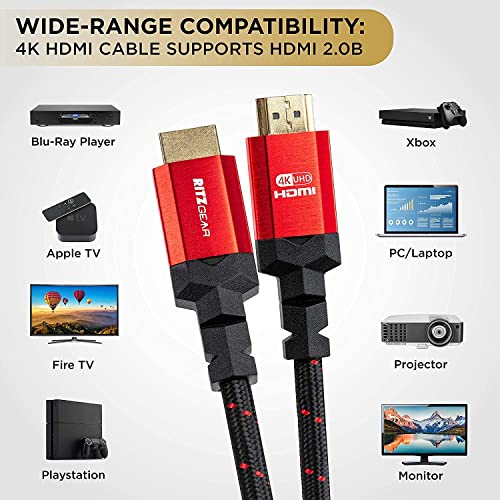 4K HDMI 2.0 Cable 8 ft. by RitzGear. 18 Gbps Ultra High Speed Braided