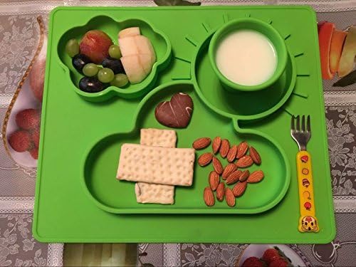 PloveS One Piece all-in-one Silicone Baby Feeding Placemat and Plate Mold Tray, Dinner Dish with Cloud and Sun Design dinnerware for babies, toddlers and kids (Green)