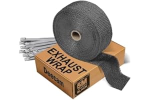 Exhaust Heat Wrap, Car Exhaust Wrap, Deecam 5M Black Glass Fiber Thermal Tape with Stainless Steel Cable Ties, Used for Motor